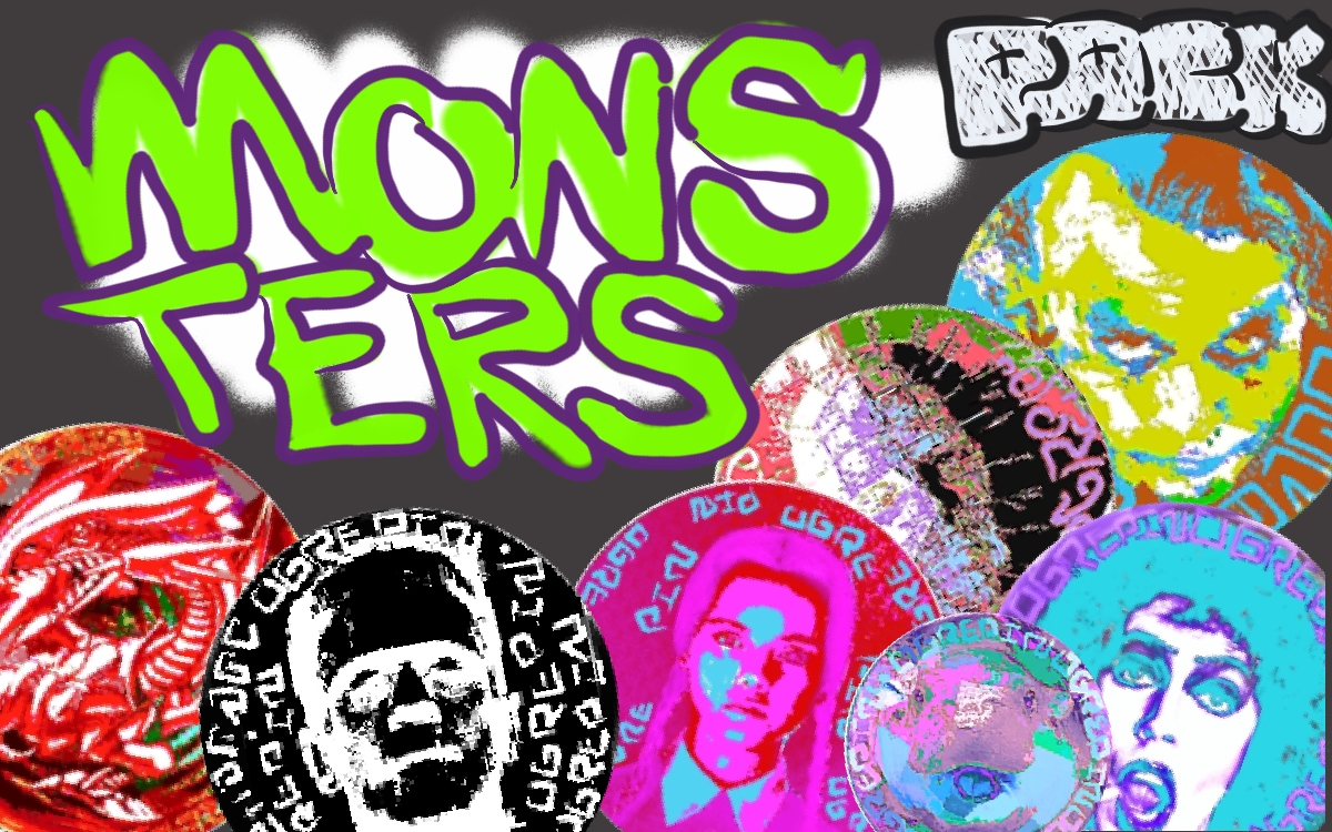 Monsters pack art — 3 random round mylar buttons pulled from 12 monster designs, 1 holo per pack