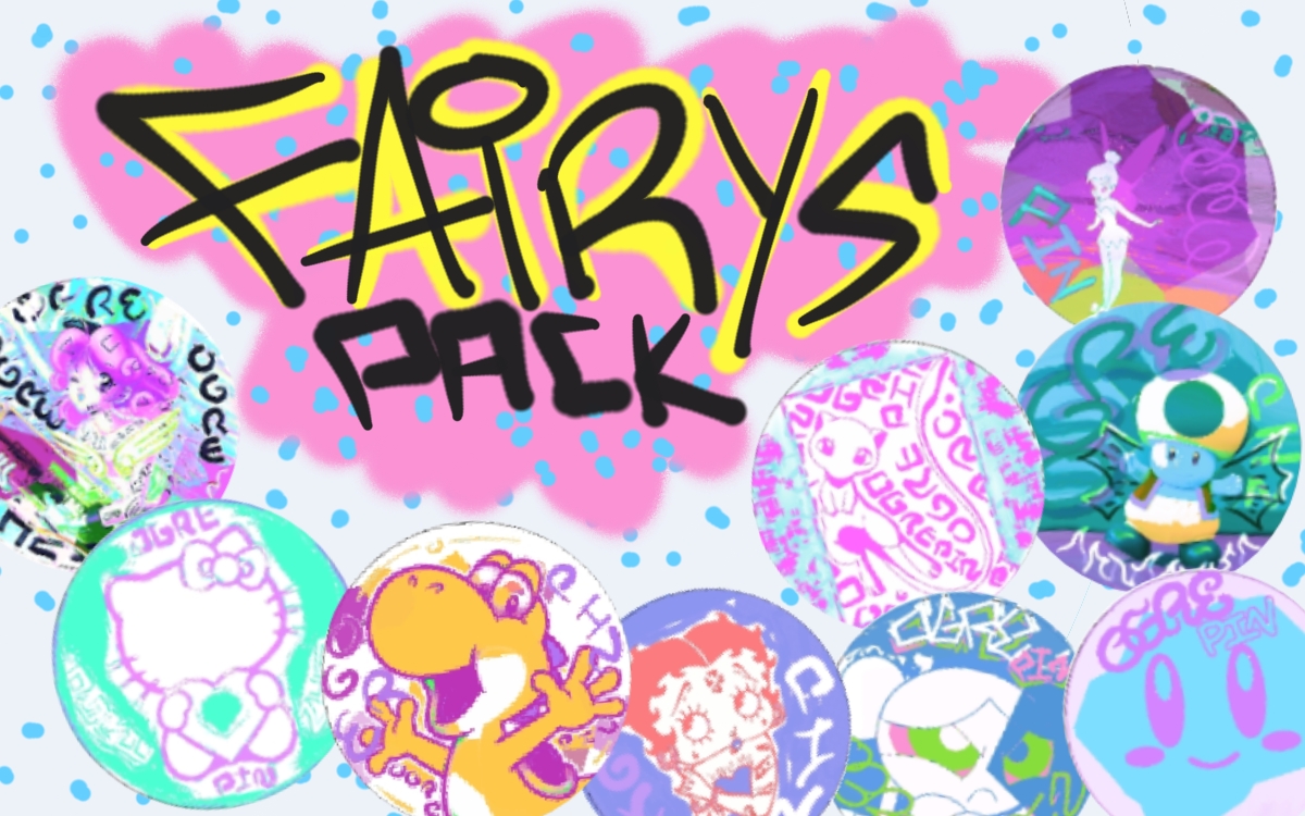 Fairys pack art — 3 random round mylar buttons pulled from 12 fairy designs, 1 holo per pack