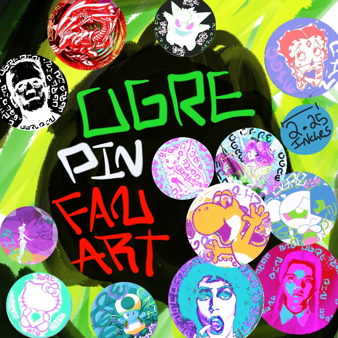 OgrePin hero art — 3 round 58mm (2.25 inch) mylar buttons per pack, 1 holo guaranteed, sample button designs scattered on a black marker background