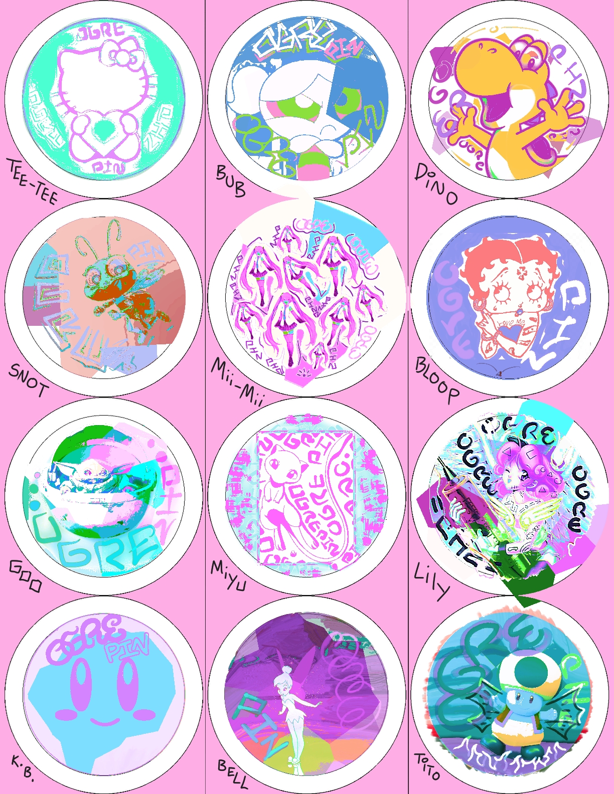 Full Fairys pinsheet — all 12 labeled fairy designs on one 8.5 by 11 inch sheet: Tee-Tee, Bub, Dino, Snot, Mii-Mii, Bloop, Goo, Miyu, Lily, K.B., Bell, Toito