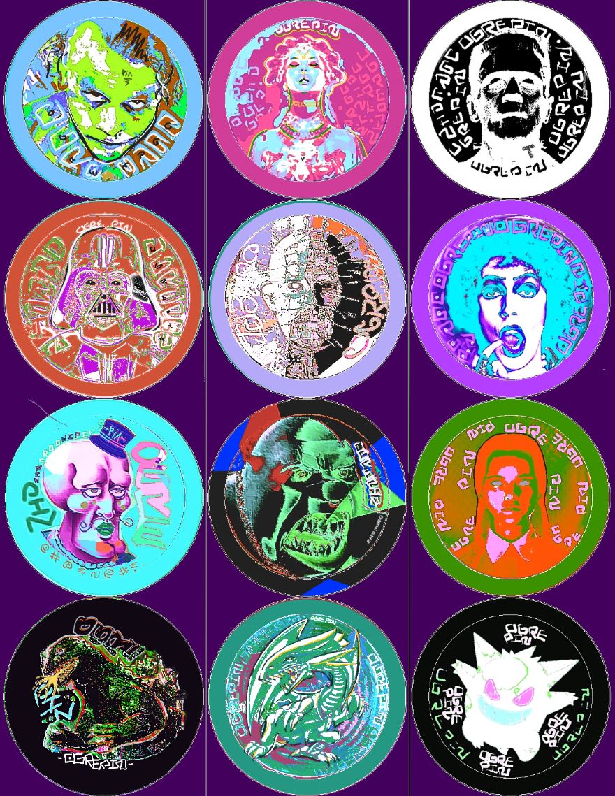 All 12 possible Monstrs 58mm Mylar button pin designs