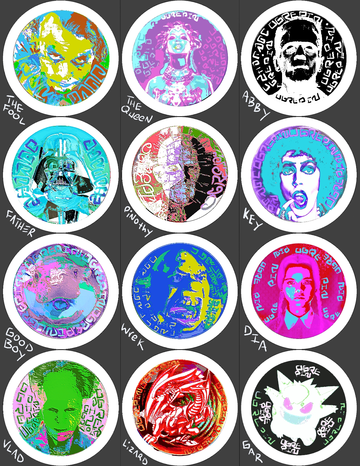Full Monsters pinsheet — all 12 labeled monster designs on one 8.5 by 11 inch sheet: The Fool, The Queen, Abby, Father, Pinothy, Key, Good Boy, Wrek, Dia, Vlad, Lizard, Gar
